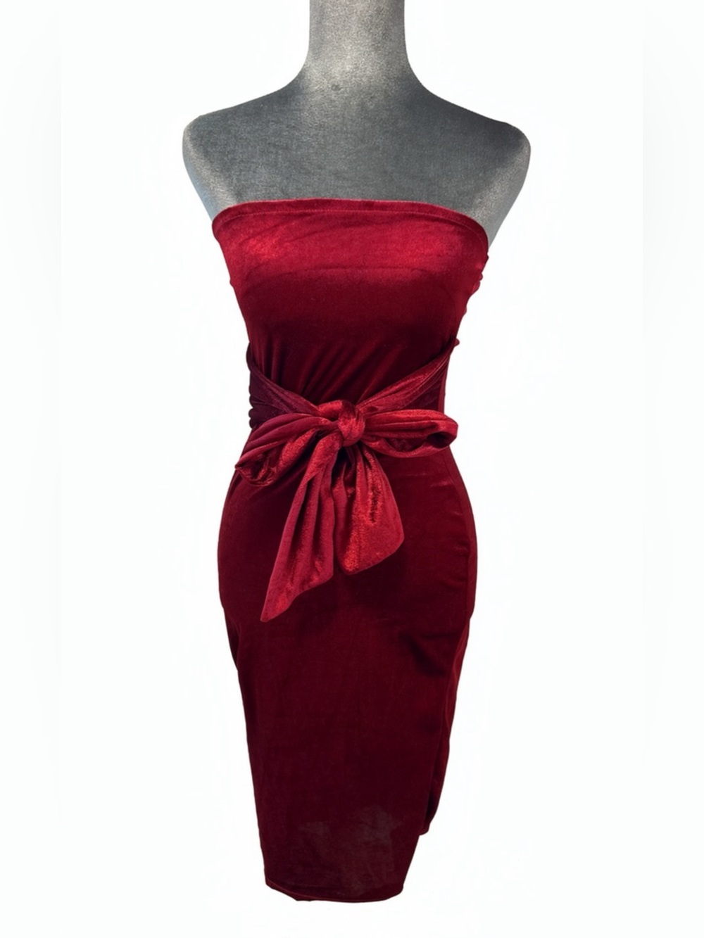 NWT CBR Chic Boutique Rose Red Velvet Strapless Tie Waist Midi Dress S